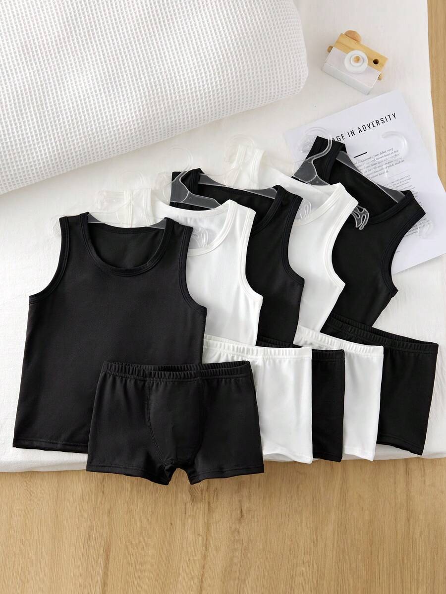 SHEIN Playful Pals Set de 10 piezas de ropa interior básica de algodón, camiseta sin mangas, calzoncillos y bóxers para niños jóvenes con estilo deportivo y colegial sencillo - Blanco y Negro - Ver 1