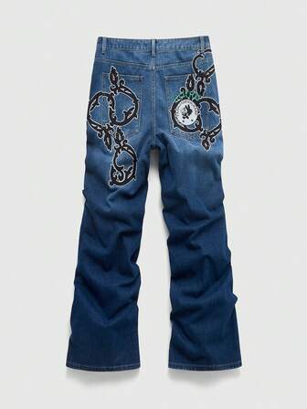 Herren Jeans mit weitem Bein, locker geschnitten, mit bestickter Tasche