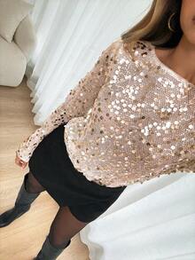 Siren Gaze Women's Sequin Boat Neck Long Sleeve Loose Top,Sparkly Gold Bling Top,New Year Elegant Party,Polka Dot Black And White,Autumn,Seductive,Night Out - Silver - View 6