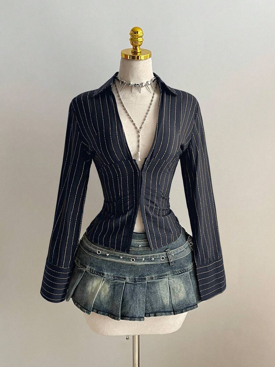 Elamini 1 chiếc áo cánh tay dài cài nút cổ chữ V màu đen, cổ kẻ sọc, dáng ôm, gợi cảm, mặc đi làm và mặc hàng ngày, mùa đông - Màu xanh hải quân - Xem 1