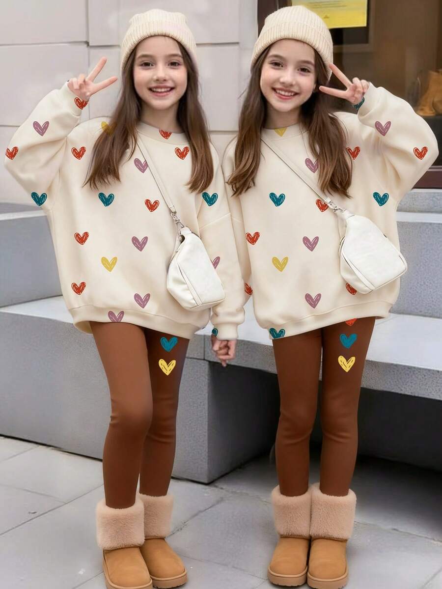 SHEIN Cozy Fall & Winter Styles, Girls Casual Fashion Creative Heart Graphic Print Sweatshirt & Leggings 2-Piece Outfit, Comfortable Athleisure Wear - Multicolor - View 1