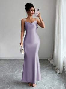 Elenzga Elegancka letnia sukienka wieczorowa dla kobiet, 3D kwiatowy wzór, satynowe ramiączka spaghetti, odkryta talia, dopasowana, odpowiednia na formalną kolację, imprezę, luksusowa suknia wieczorowa - Fioletowy - Zobacz 2