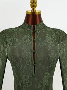 Mistrie Body sexy de manga larga con espalda descubierta y diseño calado - Verde Oscuro - Ver 10