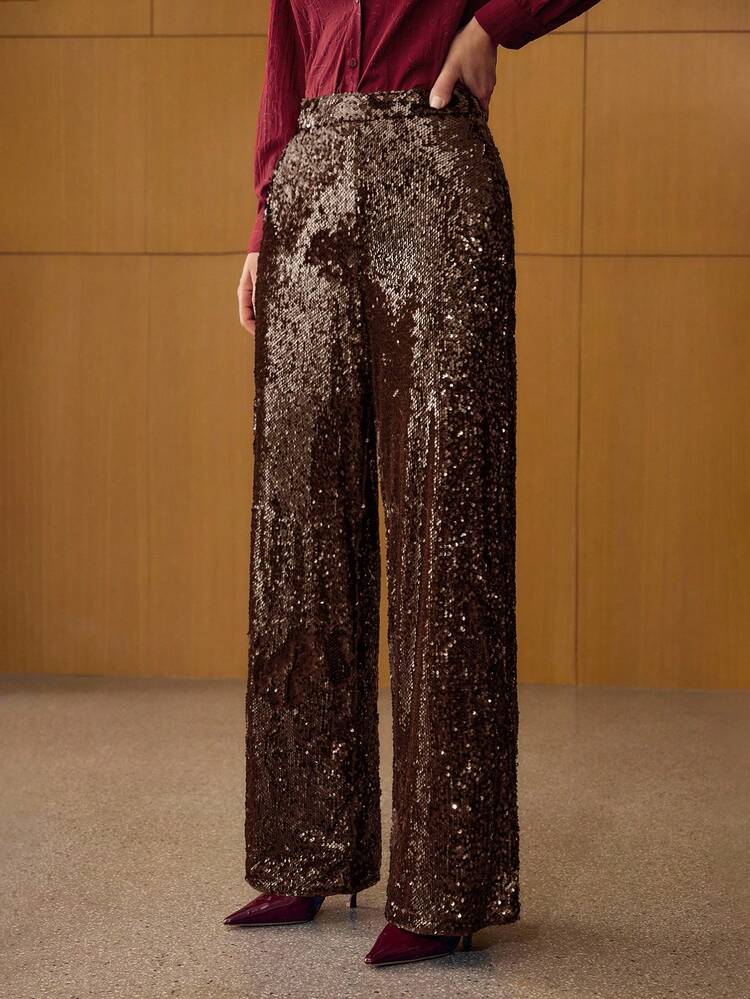 SEQUIN EMBROIDERED STRAIGHT-LEG PANTS