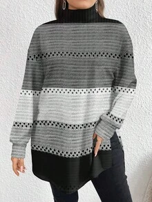 SHEIN CURVE+ Camiseta de cuello alto, hombros caídos y bajo con abertura, talla grande, nueva para mujeres en vacaciones de invierno - Multicolor - Ver 3