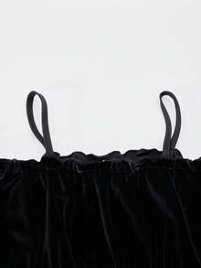 SHEIN ChillGRL Romweezy Girls Velvet Asymmetrical Off-Shoulder Backless Flare Sleeve Dress, Elegant Solid Color Suitable For Casual, Party, Holiday Wear In Autumn/Winter - Black - View 5