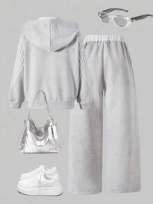 SHEIN ChillGRL 2pcs Girls Casual Outfit: Hooded Long Sleeve Jacket With Printed & Striped Sleeves, Paired With Loose Straight Leg Pants, Suitable For Leisure & Sports - Light Grey - View 2