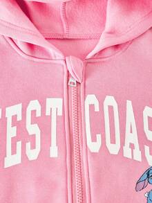 SHEIN Explorewe 3 件套女童休闲运动服，白色字母印花，蓝色卡通图案，蓝色罗纹，2 个口袋，适合上学、郊游、散步、旅行 - 粉色 - 查看 8