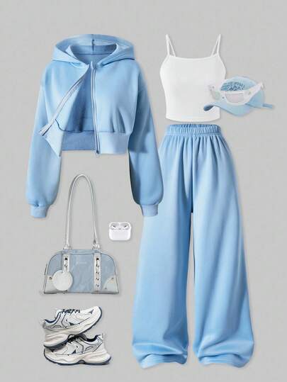 SHEIN ChillGRL 3pcs/Set Teen Girls Solid Color Thermal Lined Zip-Up Hoodie, Camisole And Wide Leg Pants Casual Outfit, Suitable For Daily Wear, Commuting And School Fall Winter