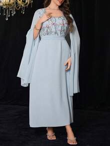 Modelyn 优雅刺绣串珠长袖加大码连衣裙 - 藍色 - 查看 3