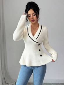 SHEIN Elenzya Blusa elegante de punto cruzado para mujer, con botones y volantes en el bajo en color contrastante, adecuada para fiestas de Año Nuevo, otoño/invierno - Albaricoque - Ver 7