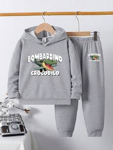 两件套男童休闲连帽衫套装，印有“Bombardino 鳄鱼”卡通动物图案，卫衣套装，适合春秋季穿着。 - 灰色 - 查看 1