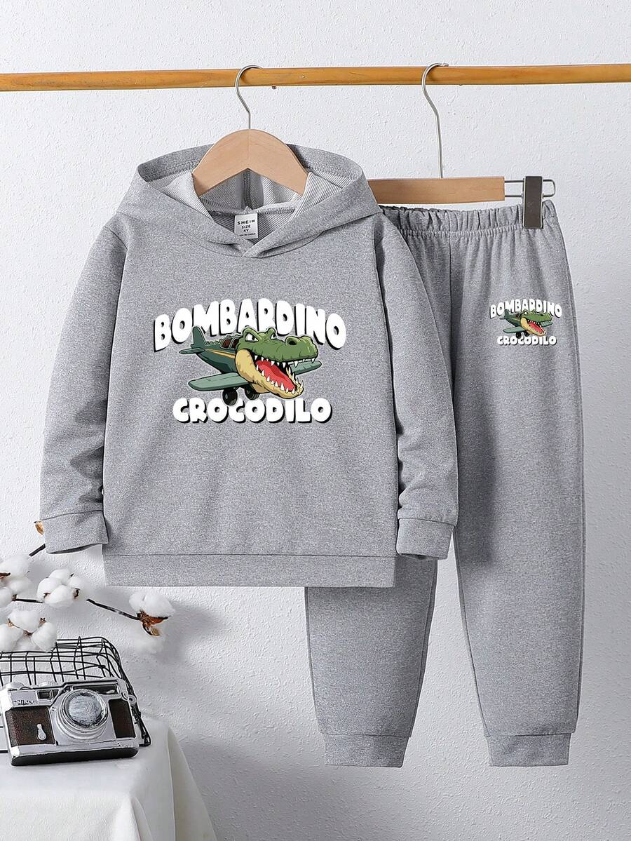 两件套男童休闲连帽衫套装，印有“Bombardino 鳄鱼”卡通动物图案，卫衣套装，适合春秋季穿着。 - 灰色 - 查看 1