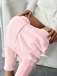 Chiquease 女士纯色腰带保暖内衬休闲打底裤 - 粉色 - 查看 5