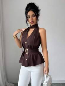 Elenzga 女士纯色褶裥镂空前扣系腰优雅无袖背心 - 棕色 - 查看 7
