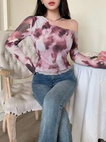 Modelyn Áo thun nữ họa tiết lưới trơn màu tương phản, in họa tiết bất đối xứng, nhún bèo tối giản gợi cảm - Nhiều màu - Xem 6