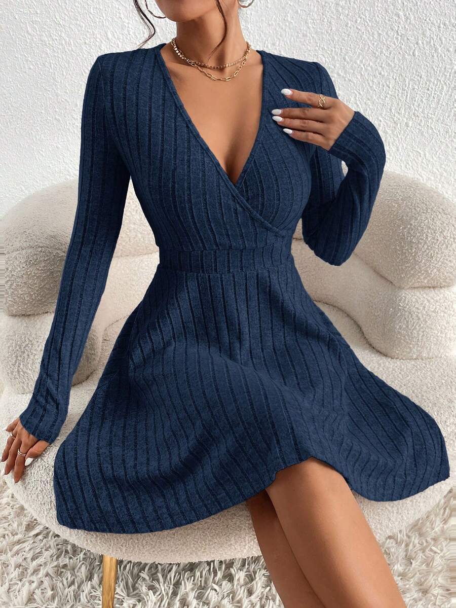 SHEIN Frenchy Solid Color Cross Wrap Raglan Sleeve Waist Fitted Ribbed Elegant Long Dress Casual Spring Blue - Navy Blue - View 1