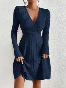 SHEIN Frenchy Solid Color Cross Wrap Raglan Sleeve Waist Fitted Ribbed Elegant Long Dress Casual Spring Blue - Navy Blue - View 6