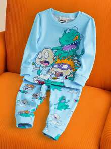 Nick 90s | SHEIN Baby Boy Cartoon Nick Dinosaur Print Cute Casual Comfortable Blue Long Sleeve T-Shirt And Pants Tight Fit Pajama Set - Blue - View 1