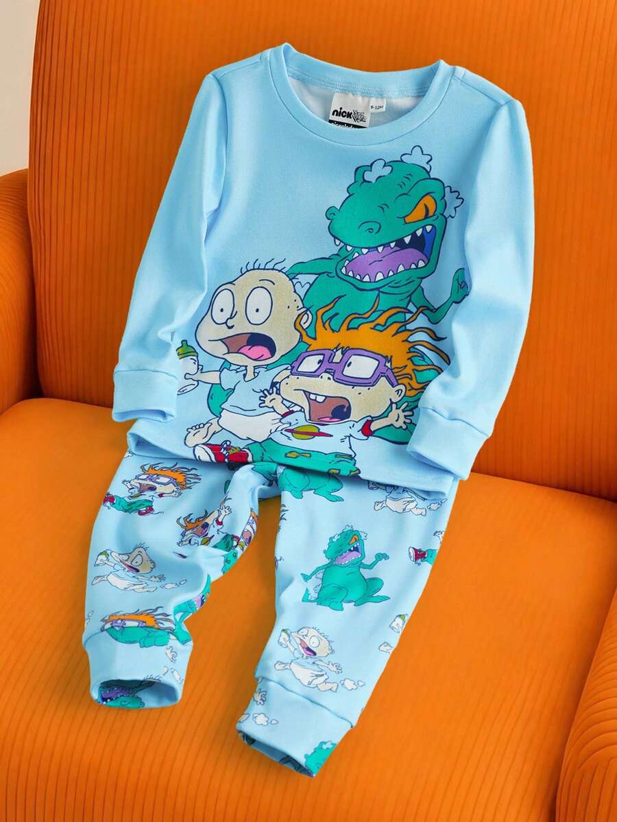 Nick 90s | SHEIN Baby Boy Cartoon Nick Dinosaur Print Cute Casual Comfortable Blue Long Sleeve T-Shirt And Pants Tight Fit Pajama Set - Blue - View 1