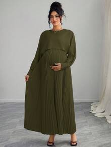 Momance Maternity Long Sleeve Dress With Button Shoulder, Pleated A-Line Hem - Army Green - View 4