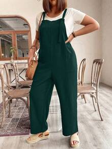 Plus Size Women's Solid Color Dual Pocket Wide Leg Loose Casual Jumpsuit - Dark Green - View 3