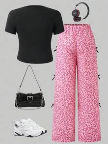 SHEIN ChillGRL 2件套复古美式豹纹上衣和裤子套装，适合少女