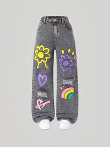 SHEIN ChillGRL Doodle Distressed Wide Leg Jeans, Loose Straight Leg Pants For Teenage Tween Girl - Light Grey - View 9