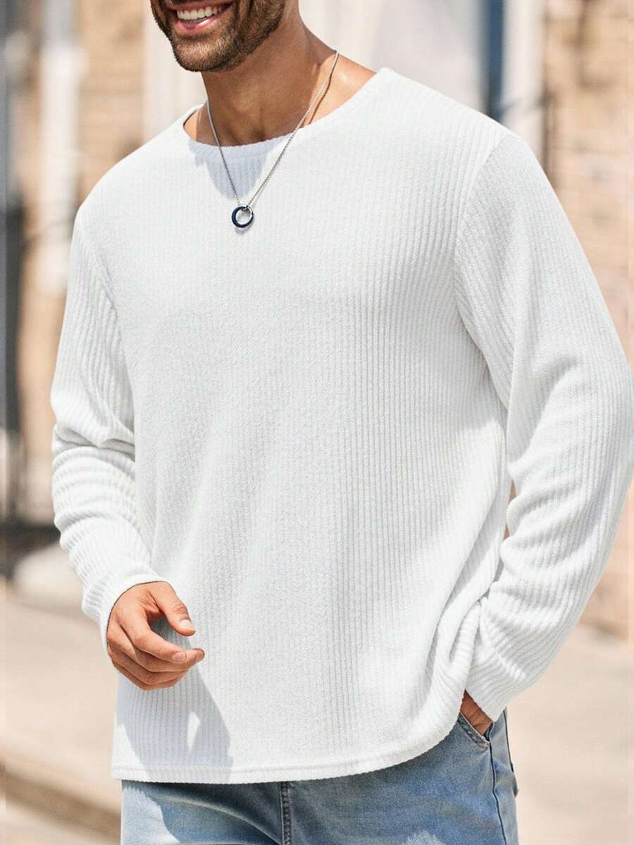 EASEVO Plus Size Men's Casual Solid Color Round Neck Long Sleeve T-Shirt - White - View 1