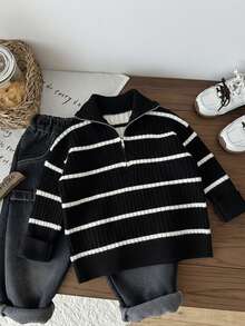 SHEIN Young Boys' Autumn/Winter High Collar Striped Zip-Up Cardigan Sweater, Versatile For Home, School, Outings, Beige & Black