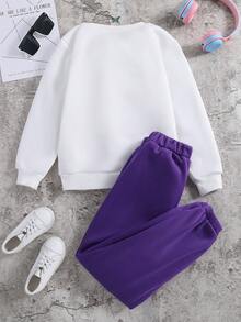 SHEIN Tween Girl Letter Printed Round Neck Fleece Sweatshirt And Sweatpants Set - Purple - View 2