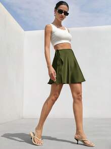 Aveloria Modichic Váy suông buộc dây cạp cao đơn giản, thanh lịch, tối giản, chất liệu satin trơn màu cổ điển kiểu Pháp mới dành cho nữ - xanh quân đội - Xem 6