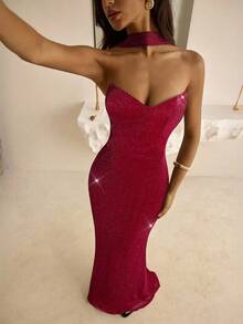 Vowa Vintage Grecian Style Pleated Waist Fitted Bodycon Dress With Ruffle Collar,Suitable For Afternoon Tea,Cocktail Parties,Business Events And Weddings - Burgundy - View 5