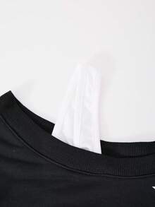 SHEIN ChillGRL 2件組 HYPEME 青少年女孩不對稱肩長袖 58號印花寬鬆長褲，學院風，四季舒適 - 黑色 - 查看 7