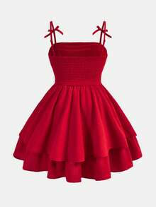 SHEIN Firerie Kids Váy không tay nhún bèo viền bèo nhún cho bé gái tuổi mới lớn có nơ trang trí dễ thương, váy voan thường ngày thích hợp cho tiệc sinh nhật, tụ tập, đám cưới, mẹ con gái, chị em gái - Đỏ - Xem 2