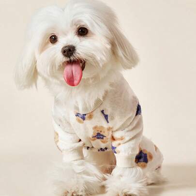 PETSIN 1件蓝色小狗脚印和泰迪熊印花宠物连体衣 白色秋冬法兰绒保暖舒适宠物保暖服