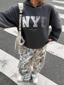 SHEIN Glowzi Teen Girls Casual Daily Fashion Hooded Grey NYC Letter & Dried Leaf Print Cargo Pants Set - Dark Grey - View 6