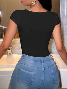 SHEIN Bộ đồ liền thân cổ thấp màu trơn gợi cảm dành cho nữ, mùa hè - màu đen - Xem 2