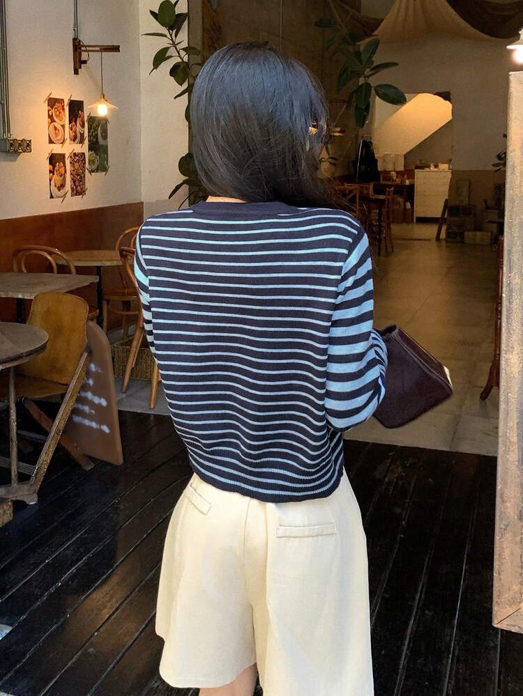 Contrast Stripe Patchwork Cropped Long Sleeve Casual Street Style Knit Cardigan For Women, Autumn/Winter