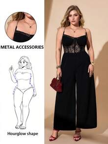 Hourglow 大码优雅性感蕾丝拼接连体裤，适合沙漏型身材/2026/新年 - 黑色 - 查看 1