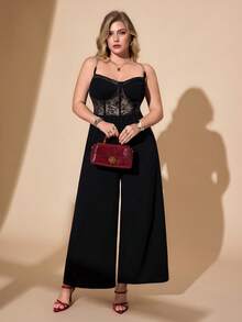 Hourglow 大码优雅性感蕾丝拼接连体裤，适合沙漏型身材/2026/新年 - 黑色 - 查看 4