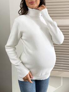 SHEIN 女士修身抓绒高领长袖孕妇毛衣，秋冬季 - 白色 - 查看 3