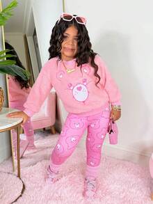 SHEIN X Care Bears 2pcs/Set Young Girl Cute Oversized Fluffy Bear Embroidery Sweatshirt And Leggings