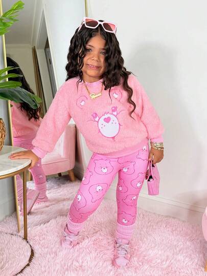 SHEIN X Care Bears 2pcs/Set Young Girl Cute Oversized Fluffy Bear Embroidery Sweatshirt And Leggings