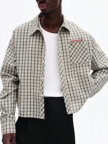 SUMWON Camisa de botones de manga larga con textura a cuadros, de corte recto, cuello casual, para otoño e invierno - Verde - Ver 3