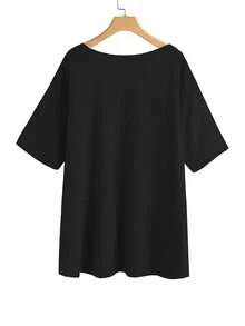 SHEIN EMERY ROSE CURVE Kaos Wanita Ukuran Besar Leher V Belahan Samping Longgar Kasual Lengan Sedang, Oranye - Hitam - View 4