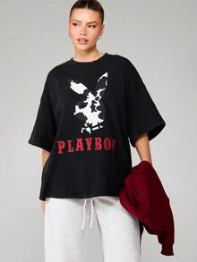 Missguided x Playboy Oversized Washed Graphic Tee With Logo Print Crew Neck Short Sleeve Cotton Streetwear T-Shirt For Casual Daily Wear Fall Winter - Black - View 6