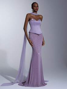 Elitara Elegant Luxurious Rhinestone Embellished Sexy Strapless Mermaid Dress With Detachable Strapless, Suitable For Weddings, Events, Parties, Vacations, Galas, And Formal Occasions - Purple - View 4