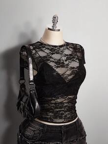 SHEIN ICON Áo thun tay ngắn hở lưng cổ tròn ren đen cỡ lớn - màu đen - Xem 7
