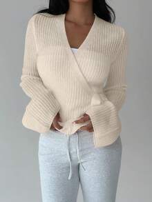 Flirla Women's Solid Color Minimalist Everyday Bowknot Crisscross Strap Cardigan, Fashionable & Versatile - Beige - View 5